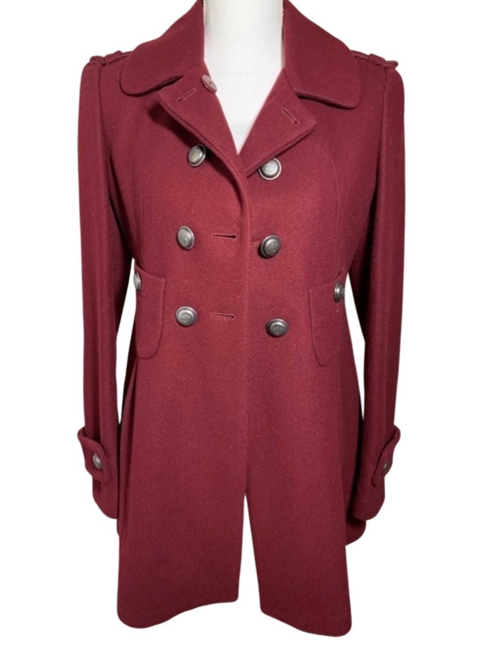 Via Wool Blend Double Breasted Coat Women Burgundy Wine Size Small
